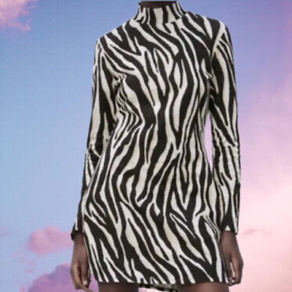 ZARA bodycon MINI DRESS Sz SMALL ZEBRA PRINT LONG SLEEVES made in MOROCCO - Picture 1 of 10